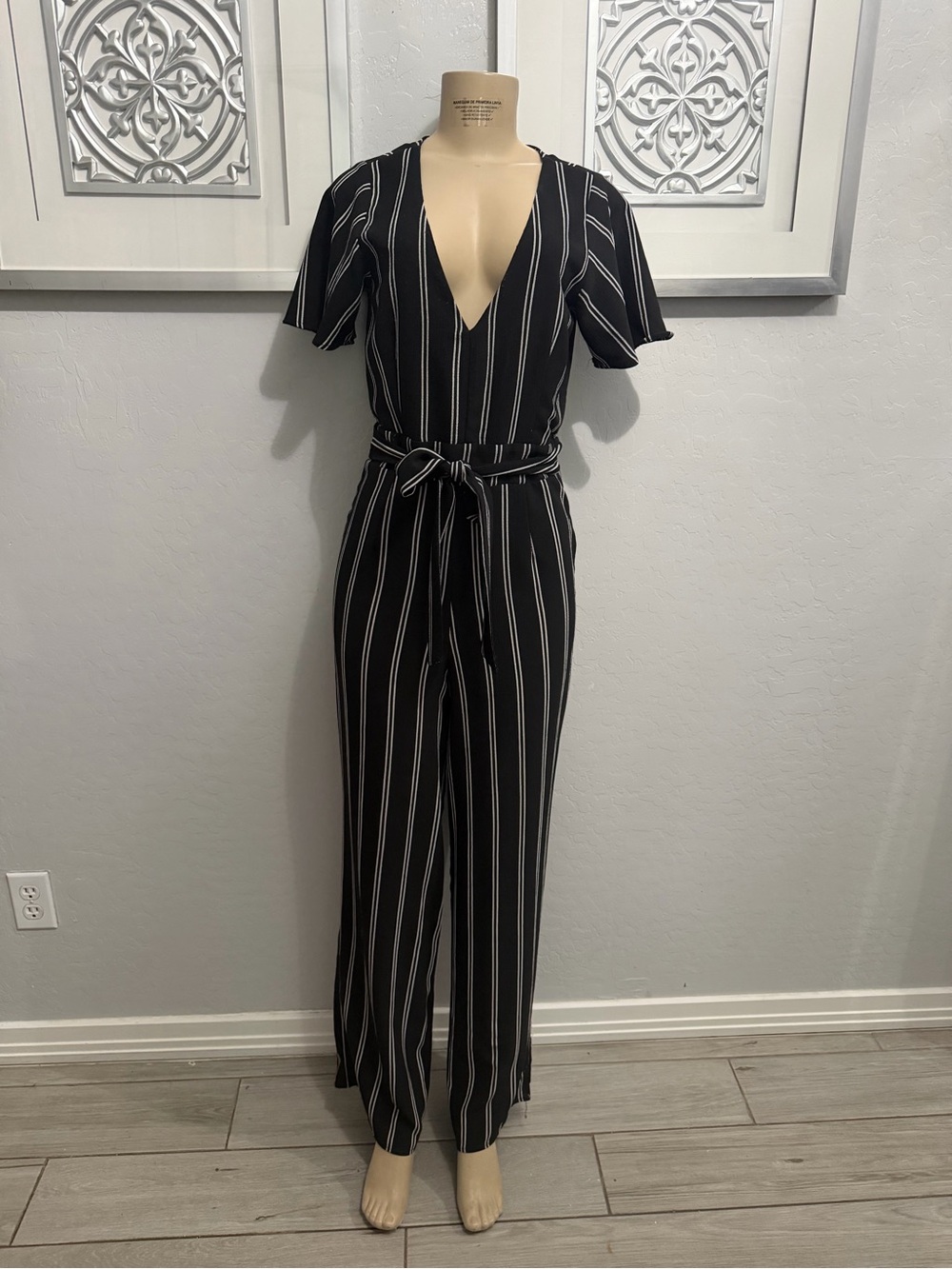 Crystal Doll Black & White Vertical Stripe Deep V Jumpsuit with Tie Waist